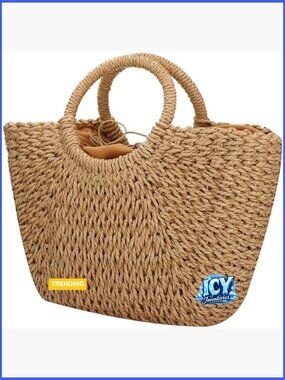 Large Handwoven Straw Tote Beach Bag - Top Handle Hobo